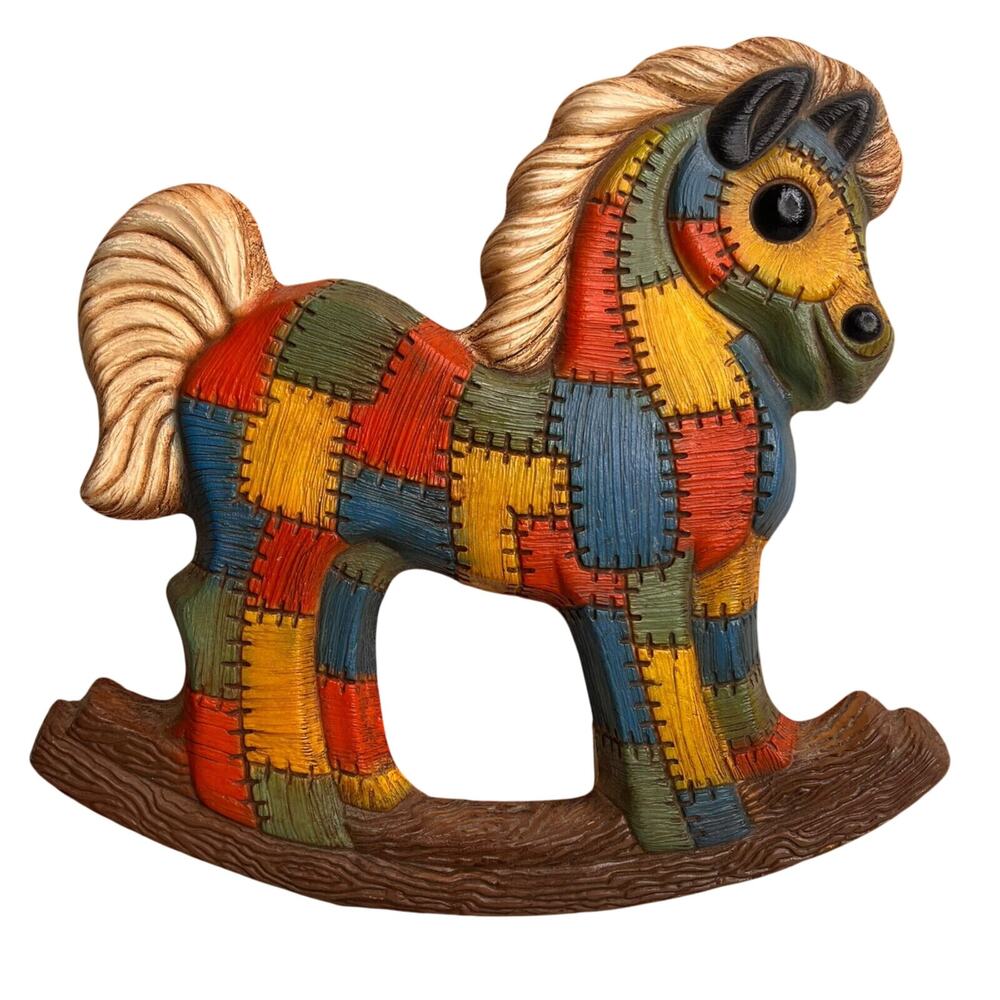 Vintage 70s Patchwork Quilt Rocking Horse Wall Plaque Decor Foam Craft Nursery